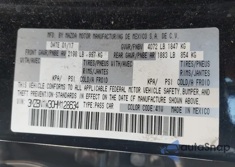 2017 Mazda Mazda3 Grand Touring z USA, uszkodzony, nr VIN 3MZBN1W30HM128634